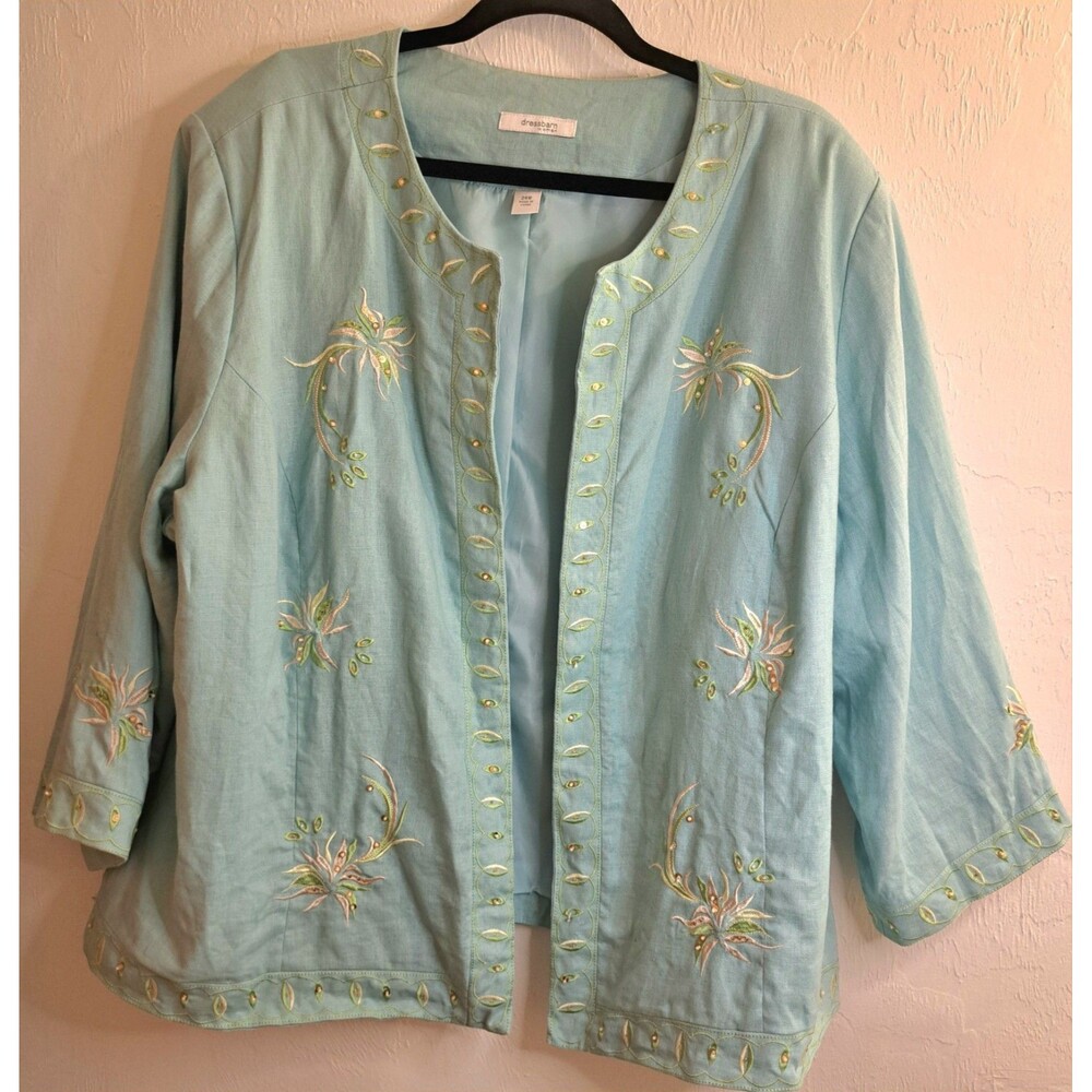 dressbarn Vtg‎ Light Blue/Grn Embroidered Beaded Linen Jacket  24W Grannycore